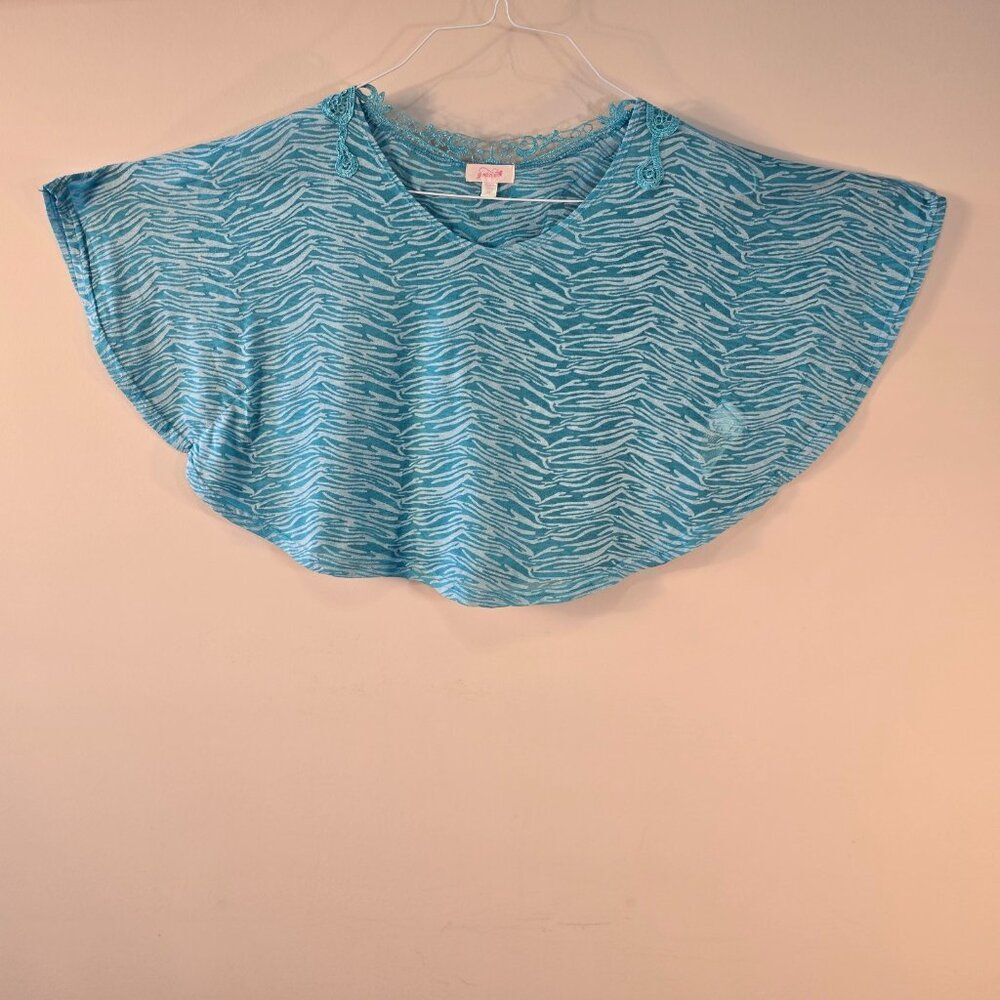 Girls Dolman Sleeve Top Blue Lace Embroidery Cropped Shirt Grane Size Medium